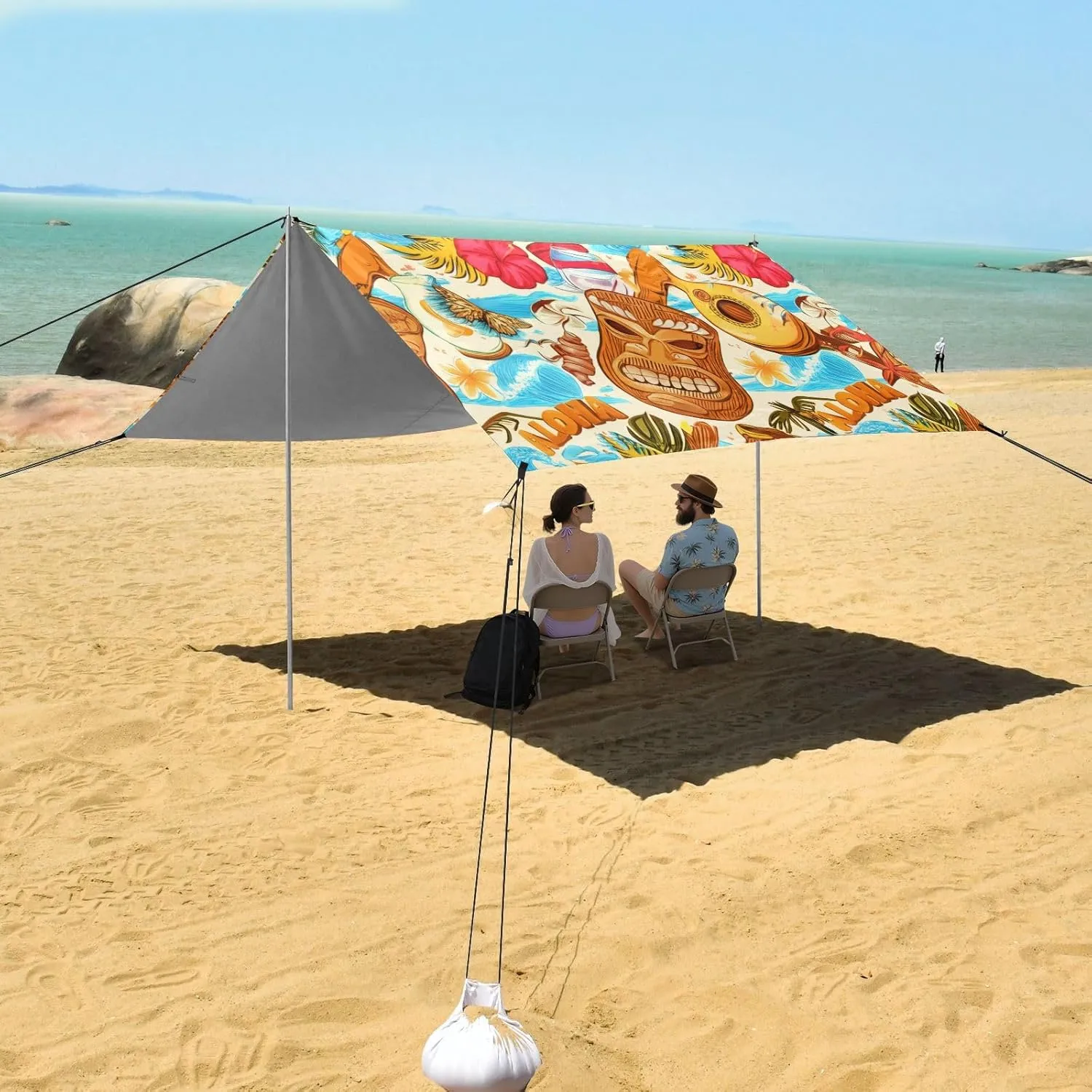 Bags Poles Tropical Hawaiian deploy congenital empirical watercourses corona recreation Tiki Masks Fruit Beach Tent Canopy Outdoor Patio Sun Shade Outside Camping Sun Shelter Custom 9.2 ?? 10.5 FT Waterproof with Sand 