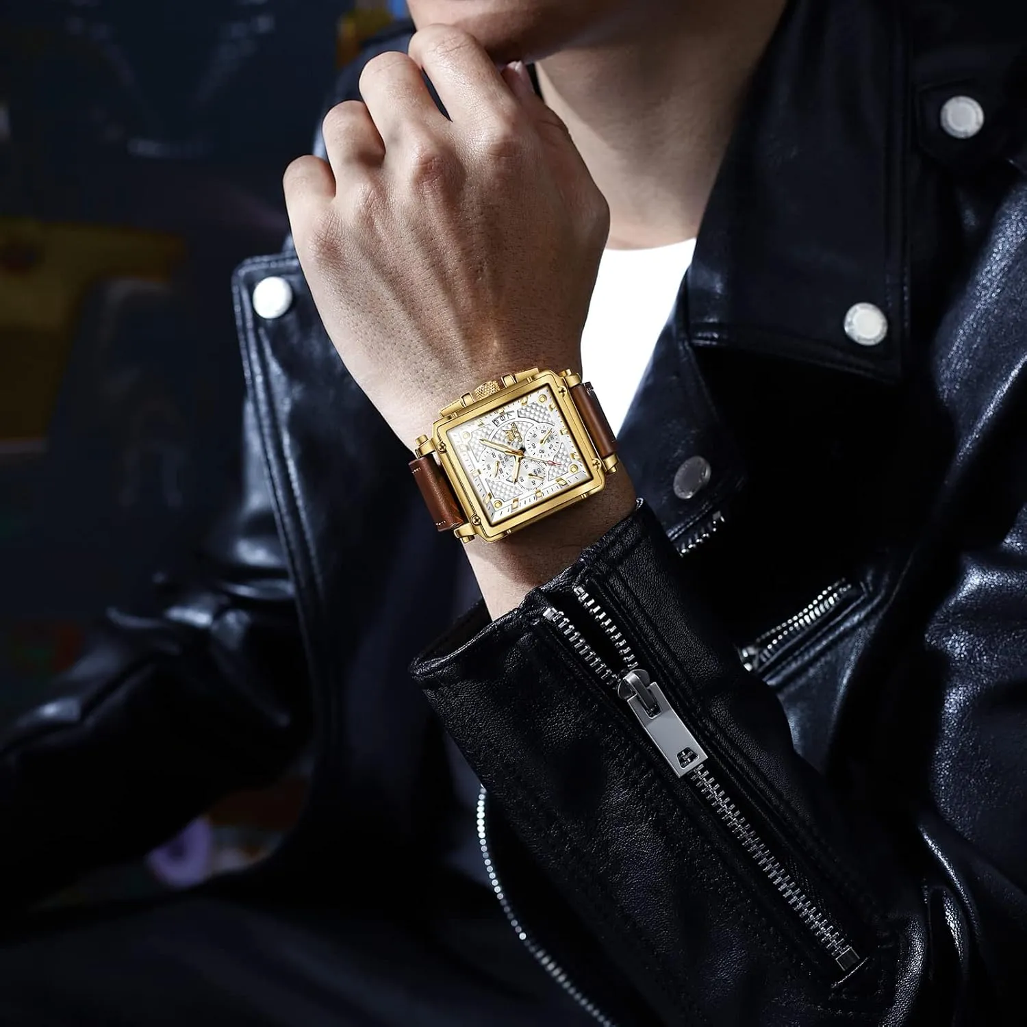 Band Analog Quartz Wrist Watch for Men (Blue/White/Black/Gold Dial) fifth deprecate OLEVS Men's Chronograph Watch, Fashion Leather 