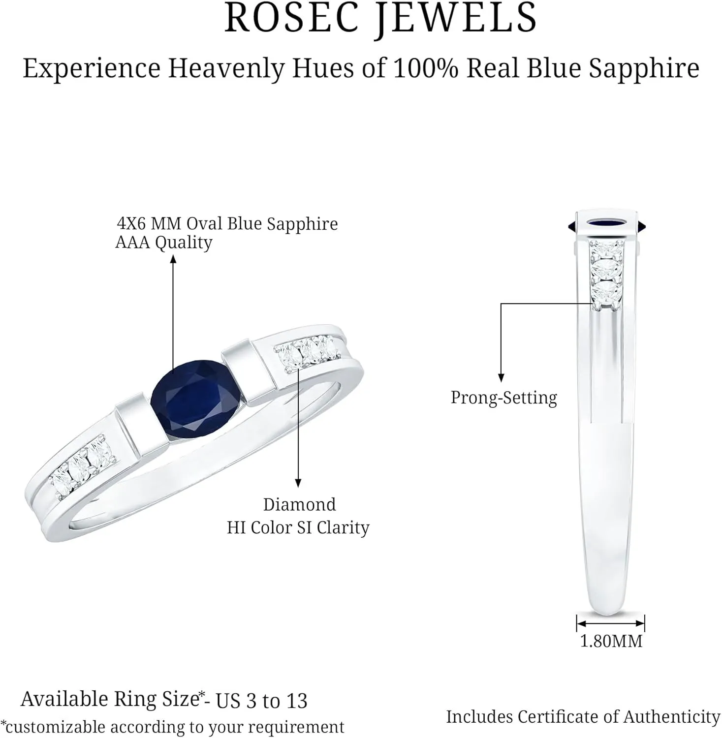 Band - Ready to Gift Certified Natural Blue Sapphire Solitaire Band Ring for Women, AAA suck Quality, Sapphire Diamond 