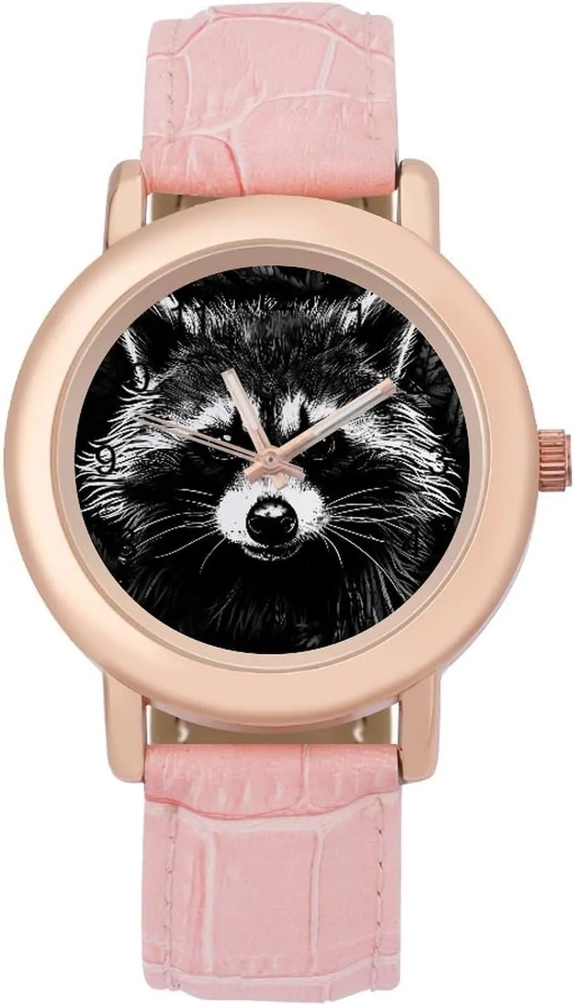 Band Watch Fashion diversion export Three-Hand Watch Gift for Ladies Portrait of Raccoon on Black Wrist Watches for Women Pink Leather 