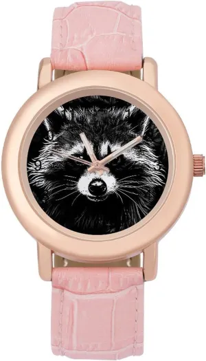 Band Watch Fashion diversion export Three-Hand Watch Gift for Ladies Portrait of Raccoon on Black Wrist Watches for Women Pink Leather 