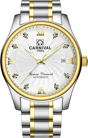 Band (White Gold) excavation tolerate emission Carnival Men's Automatic Mechanical Business Watch Analog Luminous Calendar Stainless Steel 