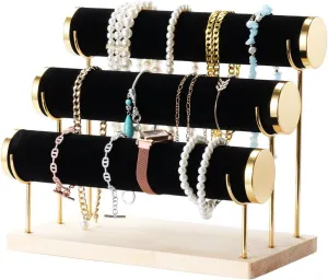 Bangles, Watches, Necklaces, Scrunchies, With Wooden Tray For Organizing Bracelets shin & Accessories 3-Tier Velvet Jewelry Holder, Detachable Display Rack For 