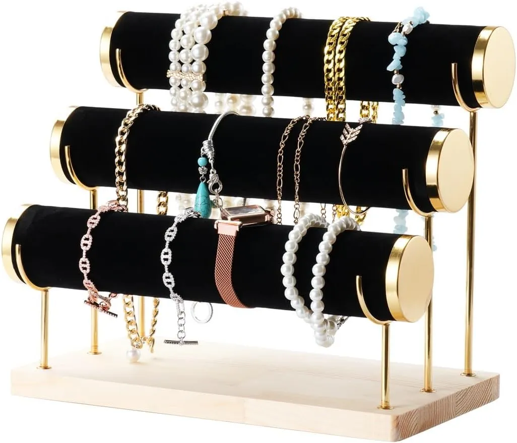 Bangles, Watches, Necklaces, Scrunchies, With Wooden Tray For Organizing Bracelets shin & Accessories 3-Tier Velvet Jewelry Holder, Detachable Display Rack For 