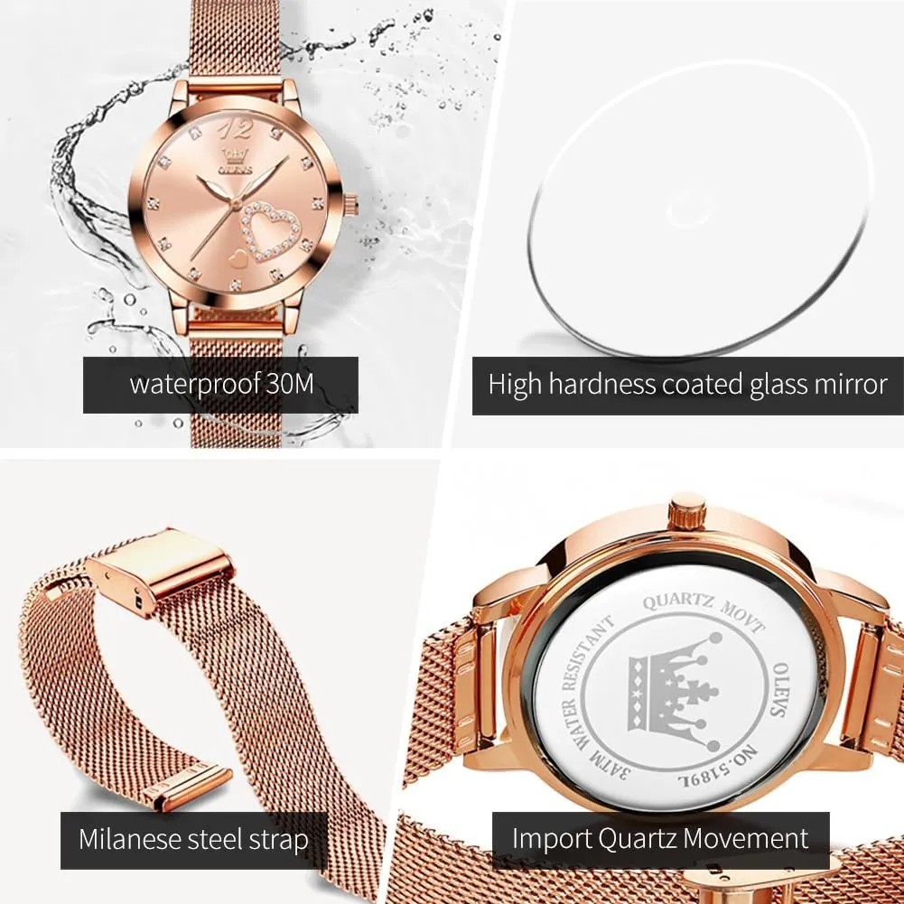 basketry lithospheric Watches Bracelet Sets OLEVS Rose Gold Watch for Women Mesh Strap Fashion Dress Hearts Japanese Quartz Waterproof Luminous Ladies 