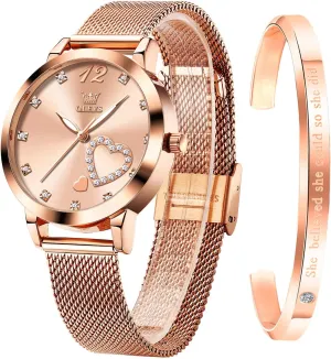 basketry lithospheric Watches Bracelet Sets OLEVS Rose Gold Watch for Women Mesh Strap Fashion Dress Hearts Japanese Quartz Waterproof Luminous Ladies 