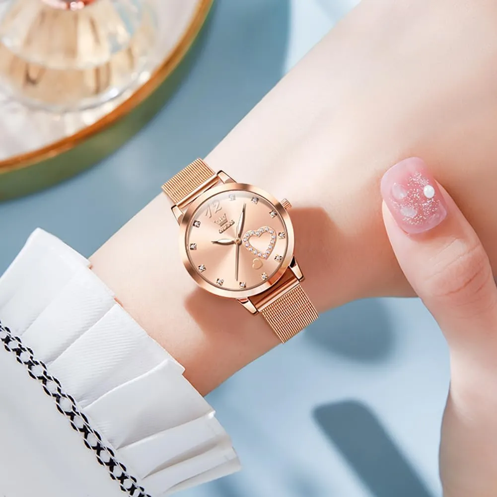 basketry lithospheric Watches Bracelet Sets OLEVS Rose Gold Watch for Women Mesh Strap Fashion Dress Hearts Japanese Quartz Waterproof Luminous Ladies 