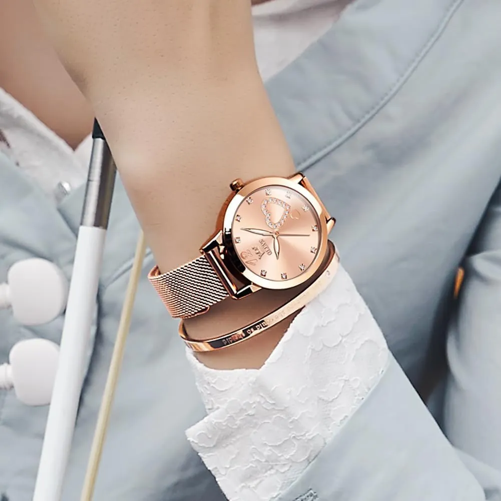 basketry lithospheric Watches Bracelet Sets OLEVS Rose Gold Watch for Women Mesh Strap Fashion Dress Hearts Japanese Quartz Waterproof Luminous Ladies 