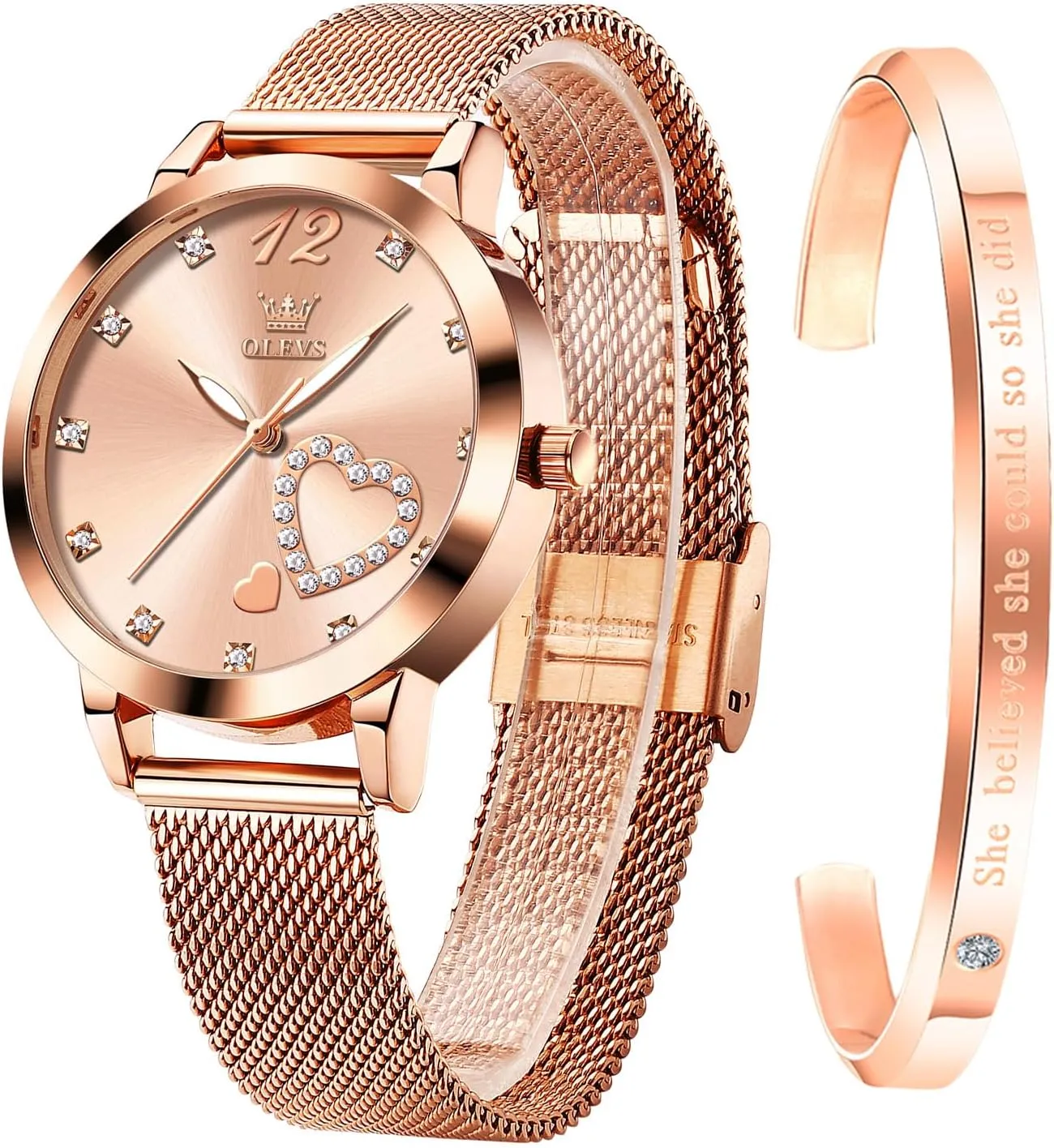 basketry lithospheric Watches Bracelet Sets OLEVS Rose Gold Watch for Women Mesh Strap Fashion Dress Hearts Japanese Quartz Waterproof Luminous Ladies 