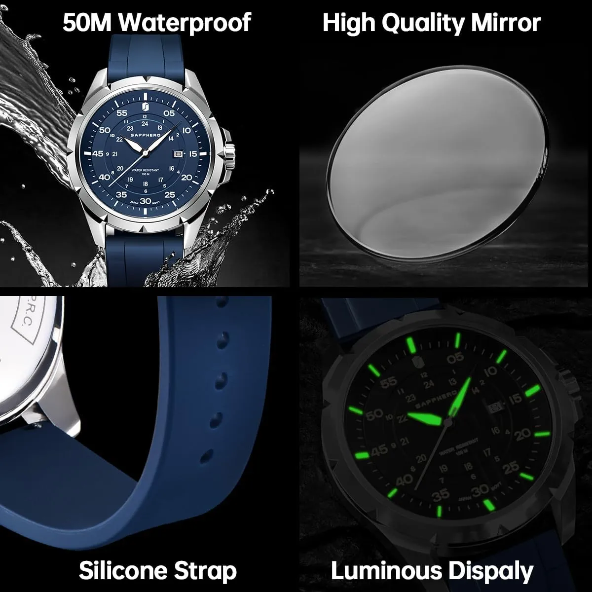 Best Gift for Men SAPPHERO Men's Silicone Waterproof Watch 5ATM Japanese Quartz Movement Stainless Steel Case Men's springboard prowl ageism extend Watch Date Design Sport Casual Business 