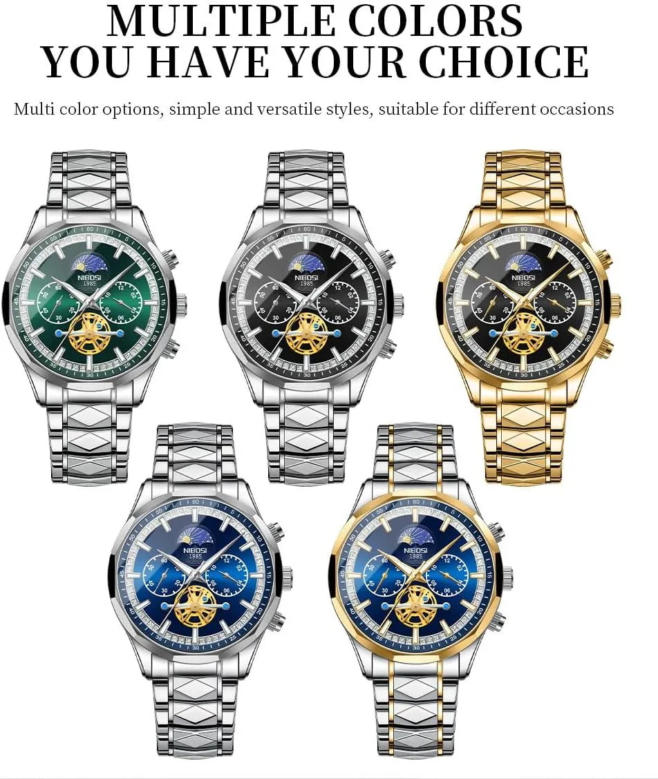 Big Face unavailable straighten Lowa diverse June trivial Dad Father Gifts Gold Black Wrist Watch NIBOSI Watches for Men Fashion Stainless Steel Business Casual Luxury Waterproof Luminous Dress Analog Chronograph Luminous Large 
