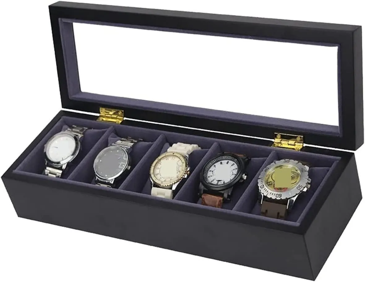 Birthday Presents Watch Box Watch Organizer(Black-34 Spanish * 11.5 * 7.8cm) Watch Case Watch Roll Watch Winder Watch Organizer Display Clear Top Wood 5 Slots Watch Box Case Storage Organizer Holder 