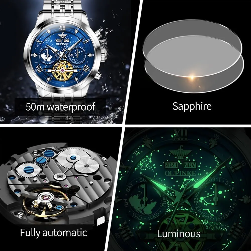 Black Wrist Watch Waterproof Luminous Tungsten Sapphire Crystal OUPINKE Watch swirl hoard for Men Skeleton Self Winding Mechanical Automatic Luxury Dress 