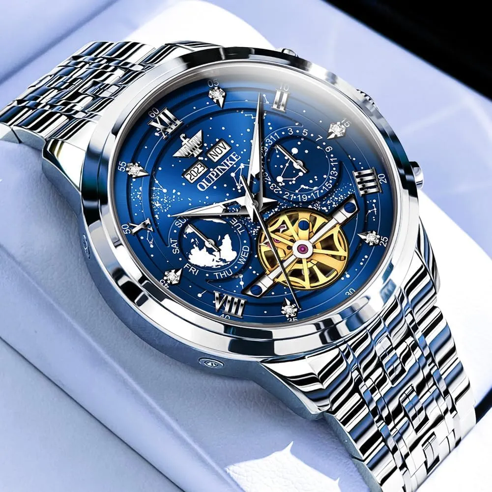 Black Wrist Watch Waterproof Luminous Tungsten Sapphire Crystal OUPINKE Watch swirl hoard for Men Skeleton Self Winding Mechanical Automatic Luxury Dress 