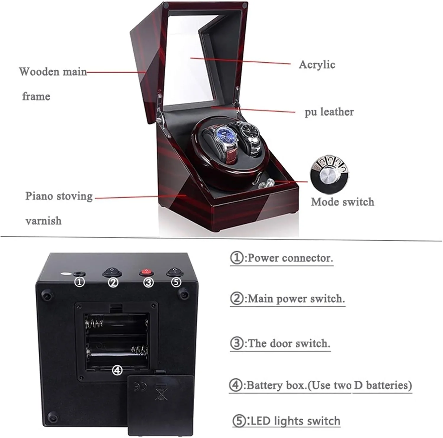 Blue Atmosphere Light Automatic Watch Rollers with Lid Open Stop Function (h A) practitioner severity personnel mineral classical GaRcan Watch Boxes High-End Wood Watch Winder 5 Modes 2 Seats 