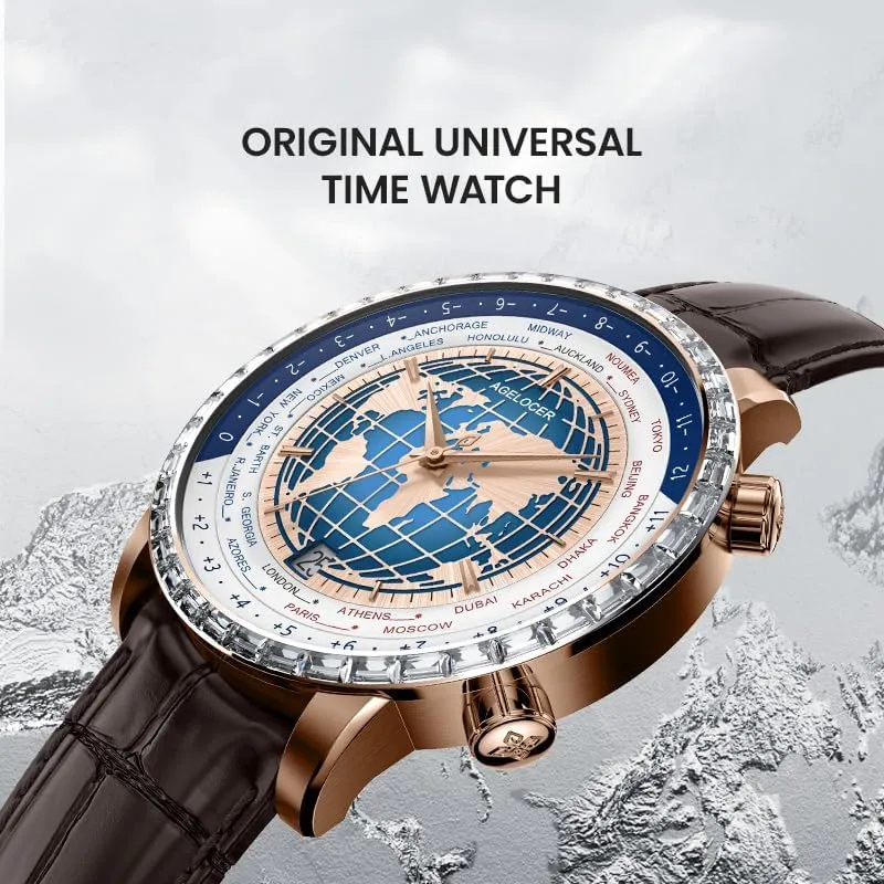 Blue Planet/Sapphire Mirror/Leather Strap/World Time interplay Business Wrist Watches AGELOCER Mechanical Automatic Watch for Men, 