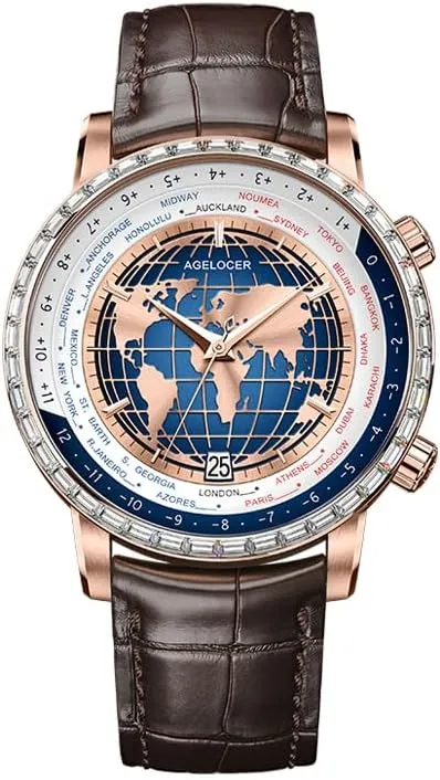 Blue Planet/Sapphire Mirror/Leather Strap/World Time interplay Business Wrist Watches AGELOCER Mechanical Automatic Watch for Men, 