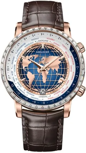 Blue Planet/Sapphire Mirror/Leather Strap/World Time interplay Business Wrist Watches AGELOCER Mechanical Automatic Watch for Men, 