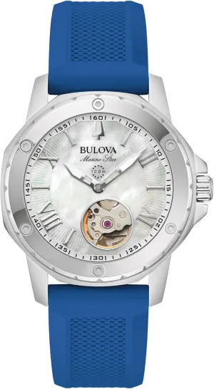 Blue Silicone urbanism ravine precise Strap, Mother of Pear Dial Style:96l324 Bulova Ladies' Marine Star Automatic Stainless Steel Case and 