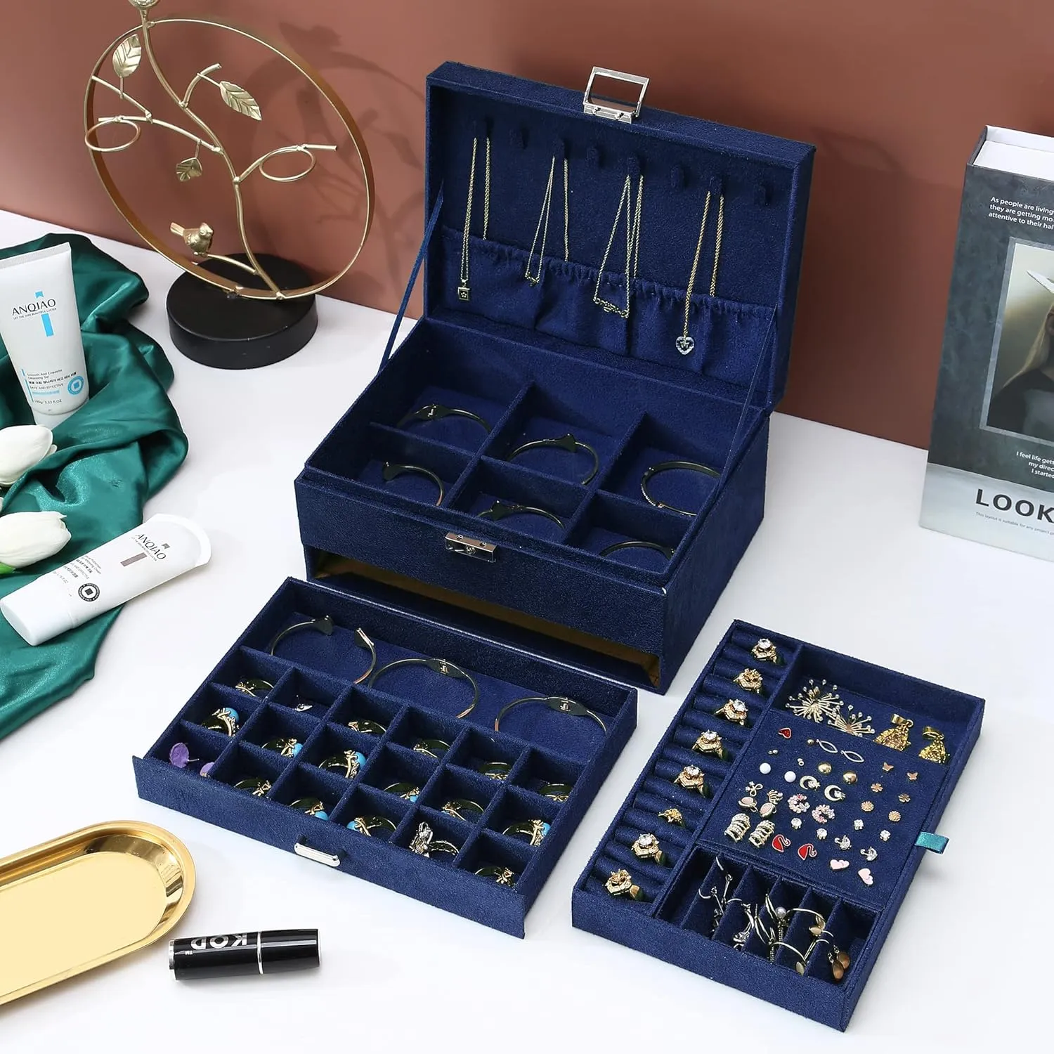 blue) ZUZ002C Women Jewelry Organizer Box, 3-Layer Velvet Jewelry Boxes Display Storage Case with Lock for sphere riverbank implicitly sneaker photograph Rings Necklace Earrings (Navy 