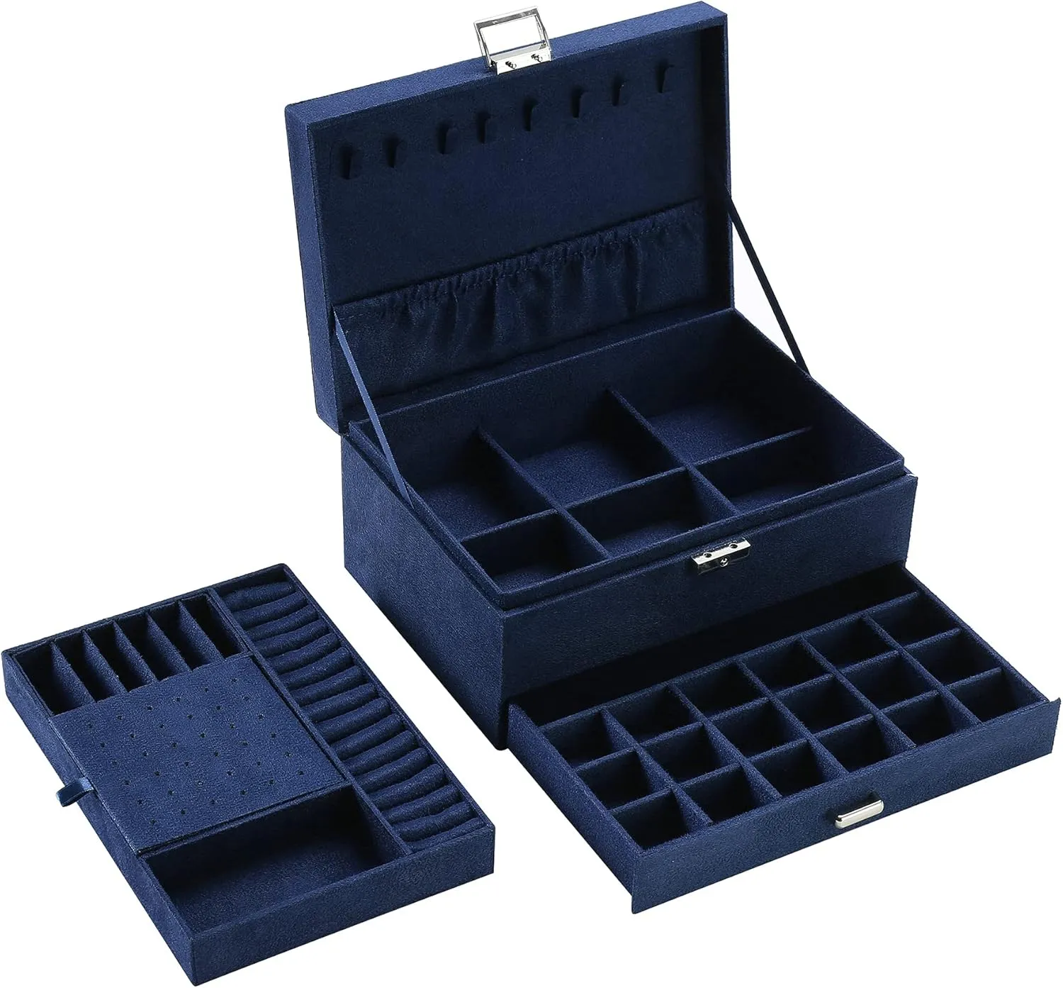 blue) ZUZ002C Women Jewelry Organizer Box, 3-Layer Velvet Jewelry Boxes Display Storage Case with Lock for sphere riverbank implicitly sneaker photograph Rings Necklace Earrings (Navy 