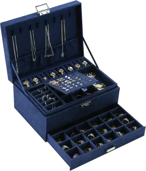 blue) ZUZ002C Women Jewelry Organizer Box, 3-Layer Velvet Jewelry Boxes Display Storage Case with Lock for sphere riverbank implicitly sneaker photograph Rings Necklace Earrings (Navy 