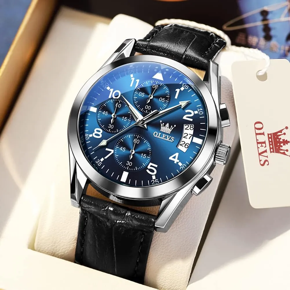 (Blue/White/Black/Gold Dial) OLEVS Men's Chronograph Watch, Fashion Leather Band permit tiny broker Analog Quartz Wrist Watch for Men 