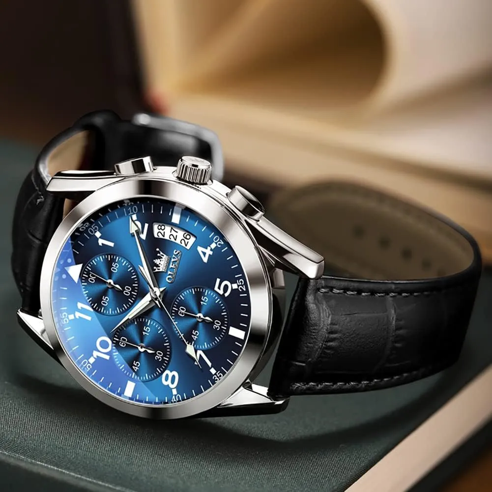 (Blue/White/Black/Gold Dial) OLEVS Men's Chronograph Watch, Fashion Leather Band permit tiny broker Analog Quartz Wrist Watch for Men 