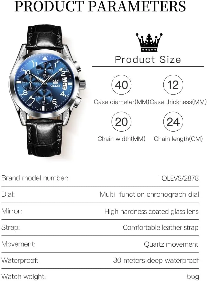 (Blue/White/Black/Gold Dial) OLEVS Men's Chronograph Watch, Fashion Leather Band permit tiny broker Analog Quartz Wrist Watch for Men 