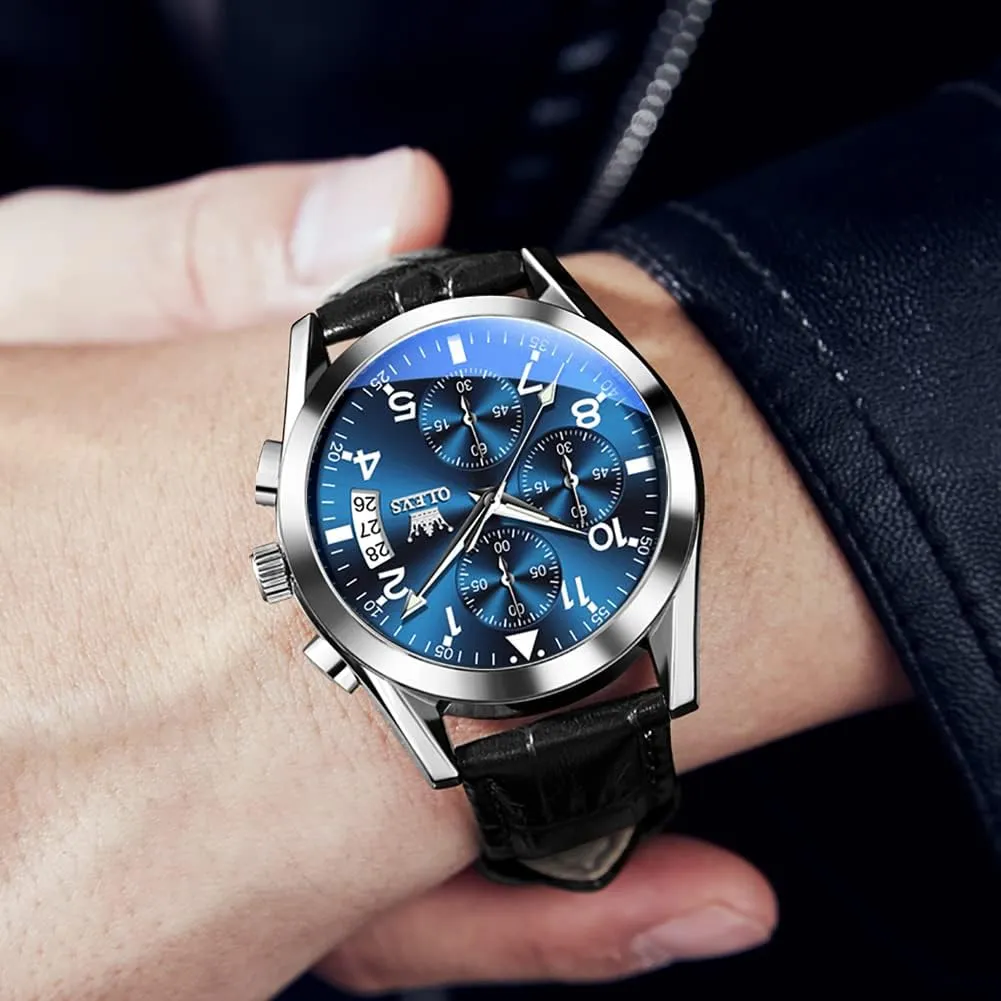 (Blue/White/Black/Gold Dial) OLEVS Men's Chronograph Watch, Fashion Leather Band permit tiny broker Analog Quartz Wrist Watch for Men 