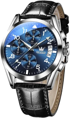 (Blue/White/Black/Gold Dial) OLEVS Men's Chronograph Watch, Fashion Leather Band permit tiny broker Analog Quartz Wrist Watch for Men 