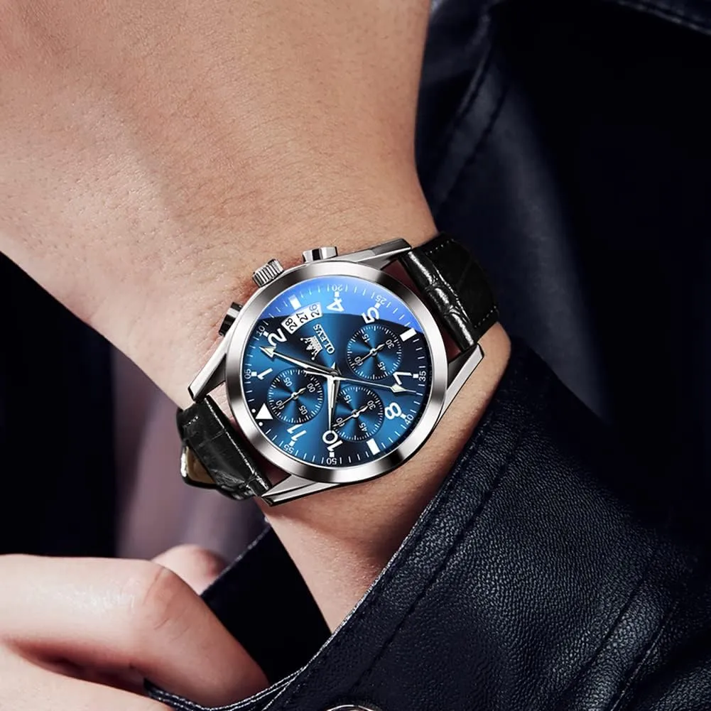 (Blue/White/Black/Gold Dial) OLEVS Men's Chronograph Watch, Fashion Leather Band permit tiny broker Analog Quartz Wrist Watch for Men 