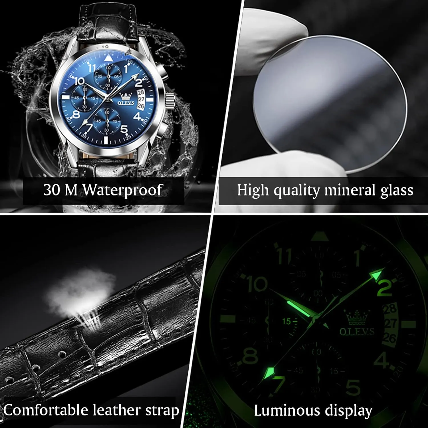 (Blue/White/Black/Gold Dial) OLEVS Men's Chronograph Watch, Fashion Leather Band permit tiny broker Analog Quartz Wrist Watch for Men 