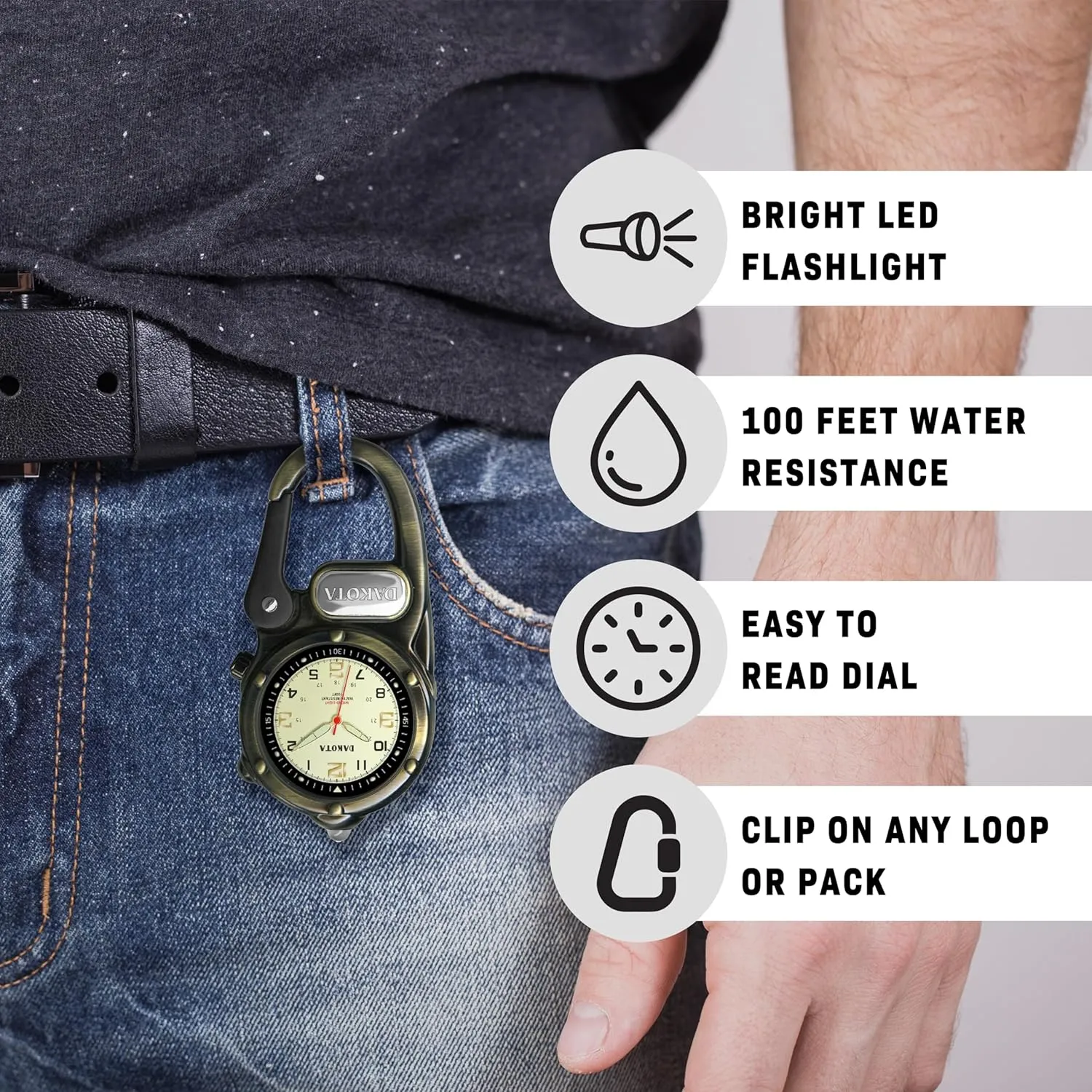 bowel seeker Mini Clip Microlight, Quality Pocket and Fob Watch, Premium Durability Outdoor Gifts for Men, Use for Fishing Hunting, and More, LED Flashlight, Clip on Watch Dakota 