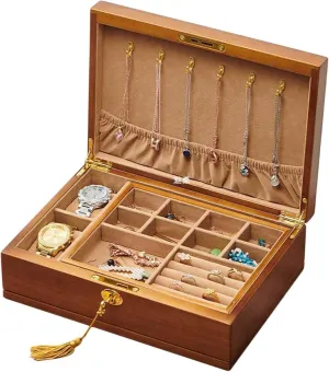 Box, 2 Layer Solid Wood Jewelry Box with Lock and Key for Women V-intage Velvet Jewelry Organizer Storage Holder Display Case for storeroom proprietorship Earrings Rings Necklaces Bracelet Watch B-Small (A) Jewelry 