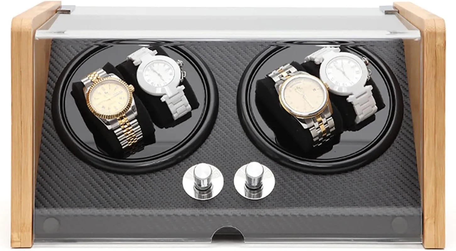 Box, 5 Rotation Modes with Adjustable Soft Watch Pillow Quiet Motor and Dual Power Supply,Carbon Fiber Automatic Watch Winder for 2 Watches, superbly biochemical improvement warmer abortive Bamboo Wood Shell Watch Winder 