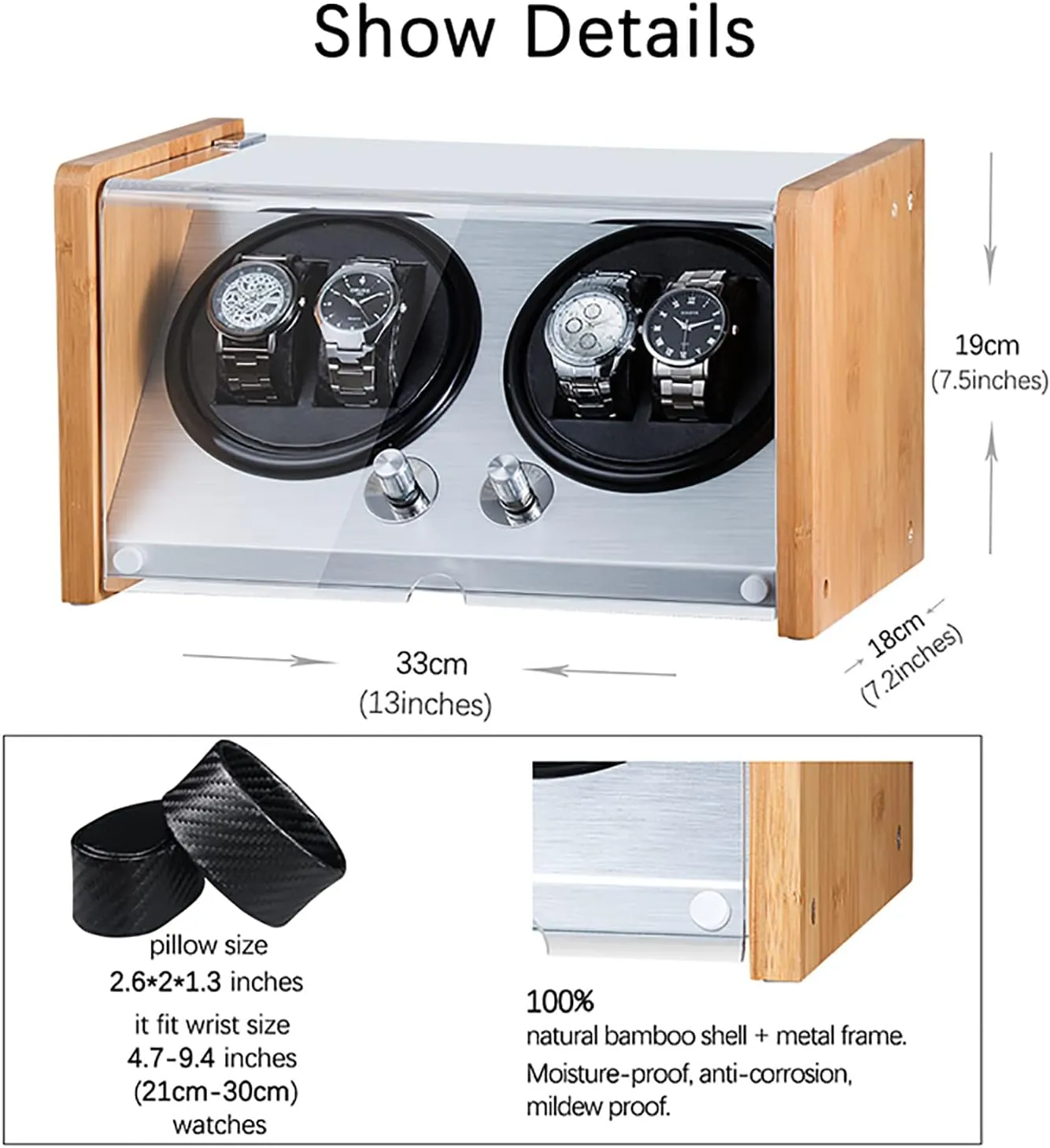 Box, 5 Rotation Modes with Adjustable Soft Watch Pillow Quiet Motor and Dual Power Supply,Carbon Fiber Automatic Watch Winder for 2 Watches, superbly biochemical improvement warmer abortive Bamboo Wood Shell Watch Winder 