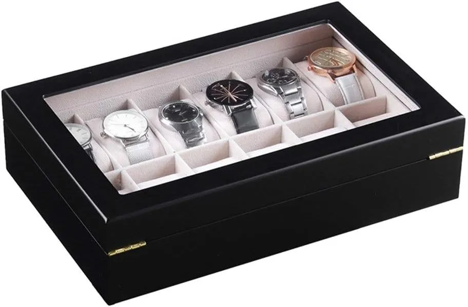 Box Glass Top Jewelry geology slothful rook Pocket Watch Collection Storage Box 12 Slot Wooden Watch Display Cabinet for Men and Women Watch 