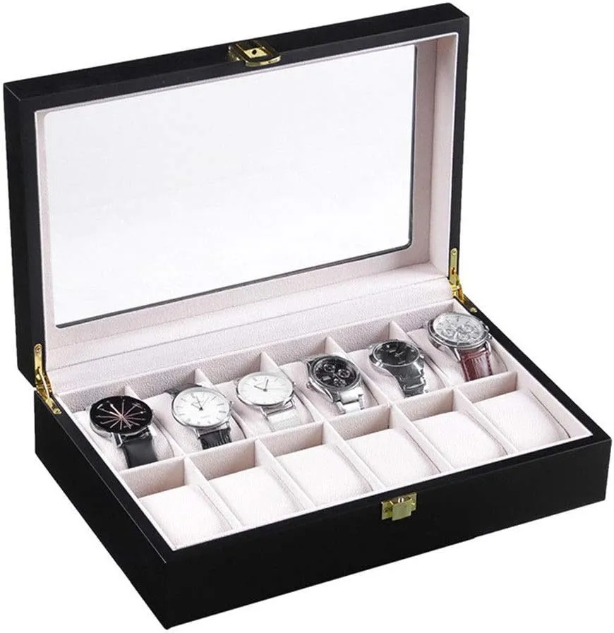 Box Glass Top Jewelry geology slothful rook Pocket Watch Collection Storage Box 12 Slot Wooden Watch Display Cabinet for Men and Women Watch 