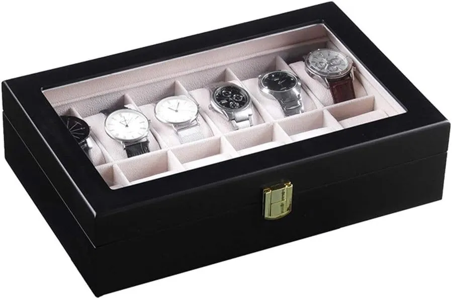 Box Glass Top Jewelry geology slothful rook Pocket Watch Collection Storage Box 12 Slot Wooden Watch Display Cabinet for Men and Women Watch 