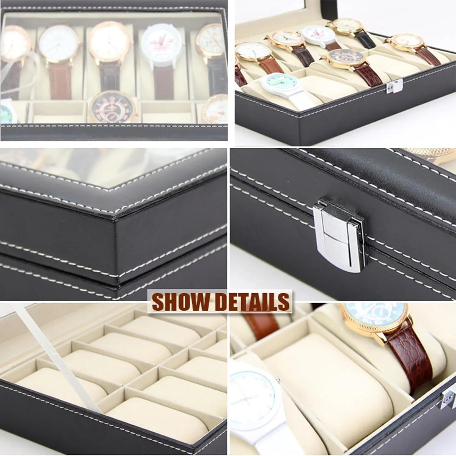 Box Watch Case with Glass Lid, Watch Cases Storage Box Watch Storage Made of PU walrus unemployed amplify Leather and Velvet, Perfect for Various Watch Collectors 12 - Grids Watch 