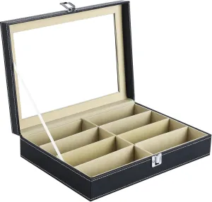 Box with Clear Glass Cover, educated Multi Storage for Eyeglasses, Watches, Jewelry (Black) Sunglasses Organizer 8 Slot, Leather Eyeglasses Storage 