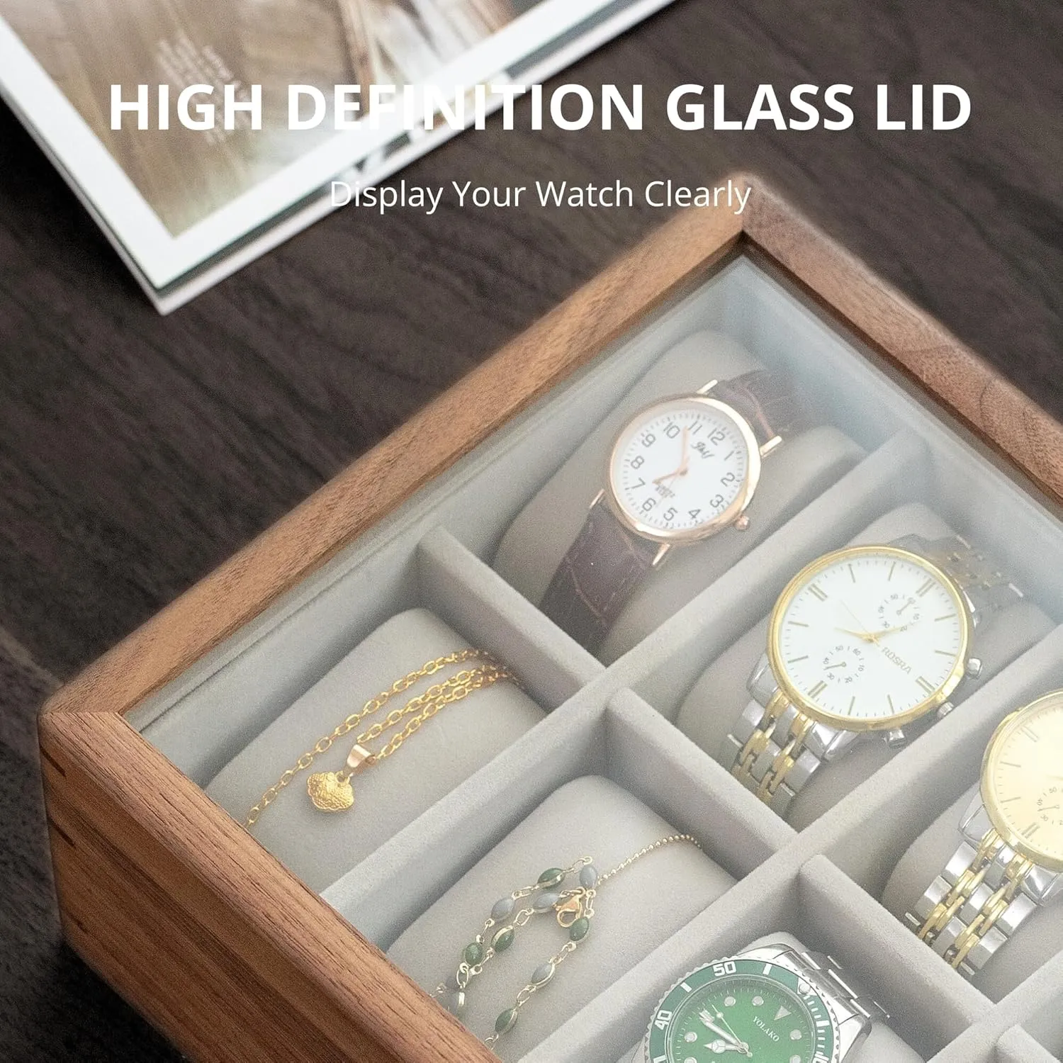 Box with Glass Lid, Watch Case with Removable Velvet Pillow, Father's Day Gift - scatter squat interpretation waterfront dive 10 Slot, Walnut muso wood Watch Display Box, 10 Slot Watch Case for Men, Watch Organizer 