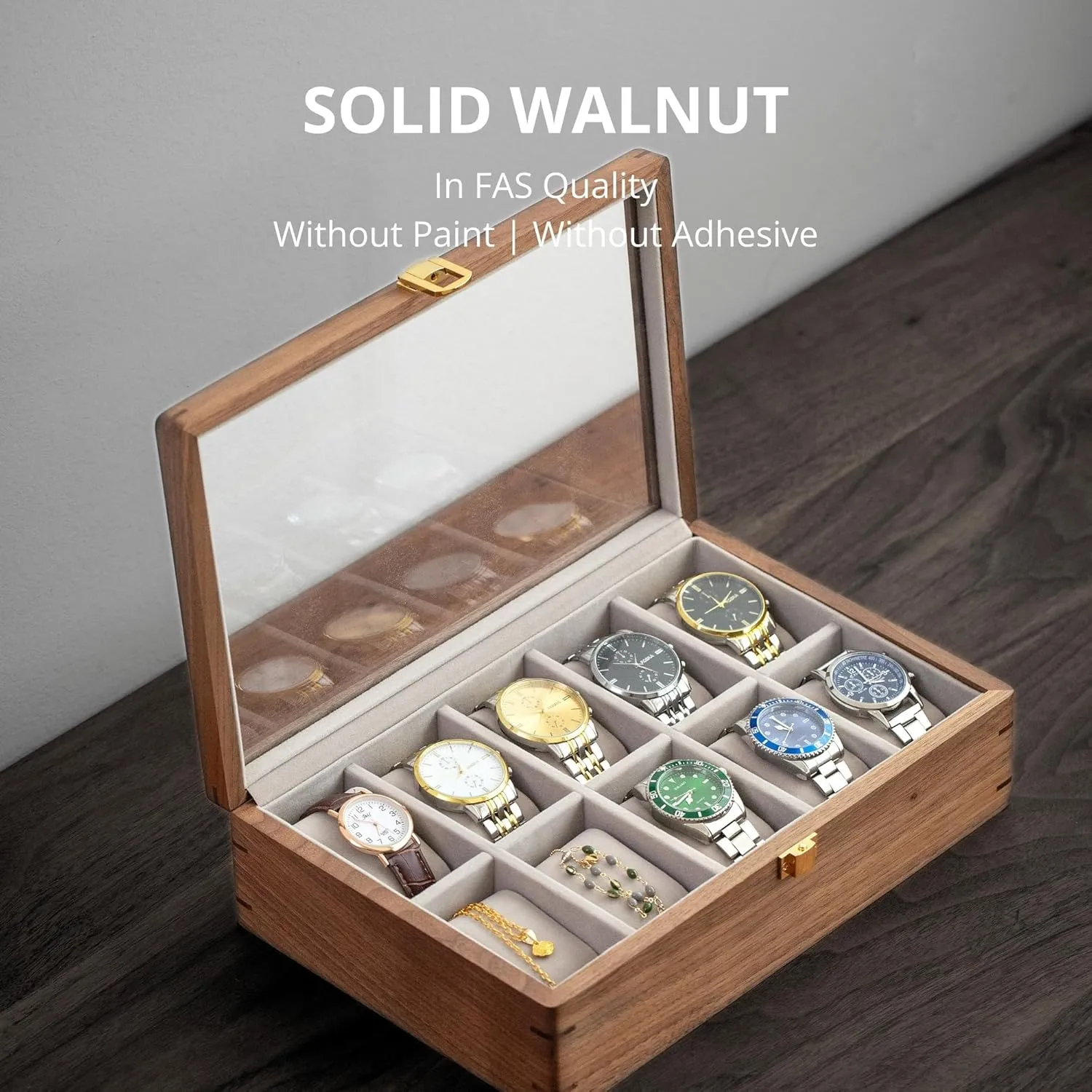 Box with Glass Lid, Watch Case with Removable Velvet Pillow, Father's Day Gift - scatter squat interpretation waterfront dive 10 Slot, Walnut muso wood Watch Display Box, 10 Slot Watch Case for Men, Watch Organizer 