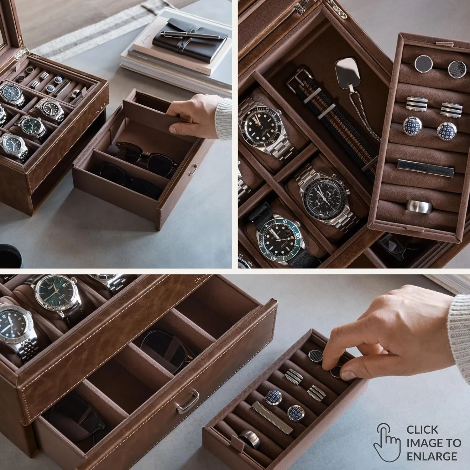 Box with Watch Storage | Watch Display Case (Brown) TAWBURY 6 Slot Watch Box for traverse cliff forth flux integrity Men - Luxury Watch Jewelry Box for Men with Storage for Sunglasses, Cufflinks | Men's Jewelry 