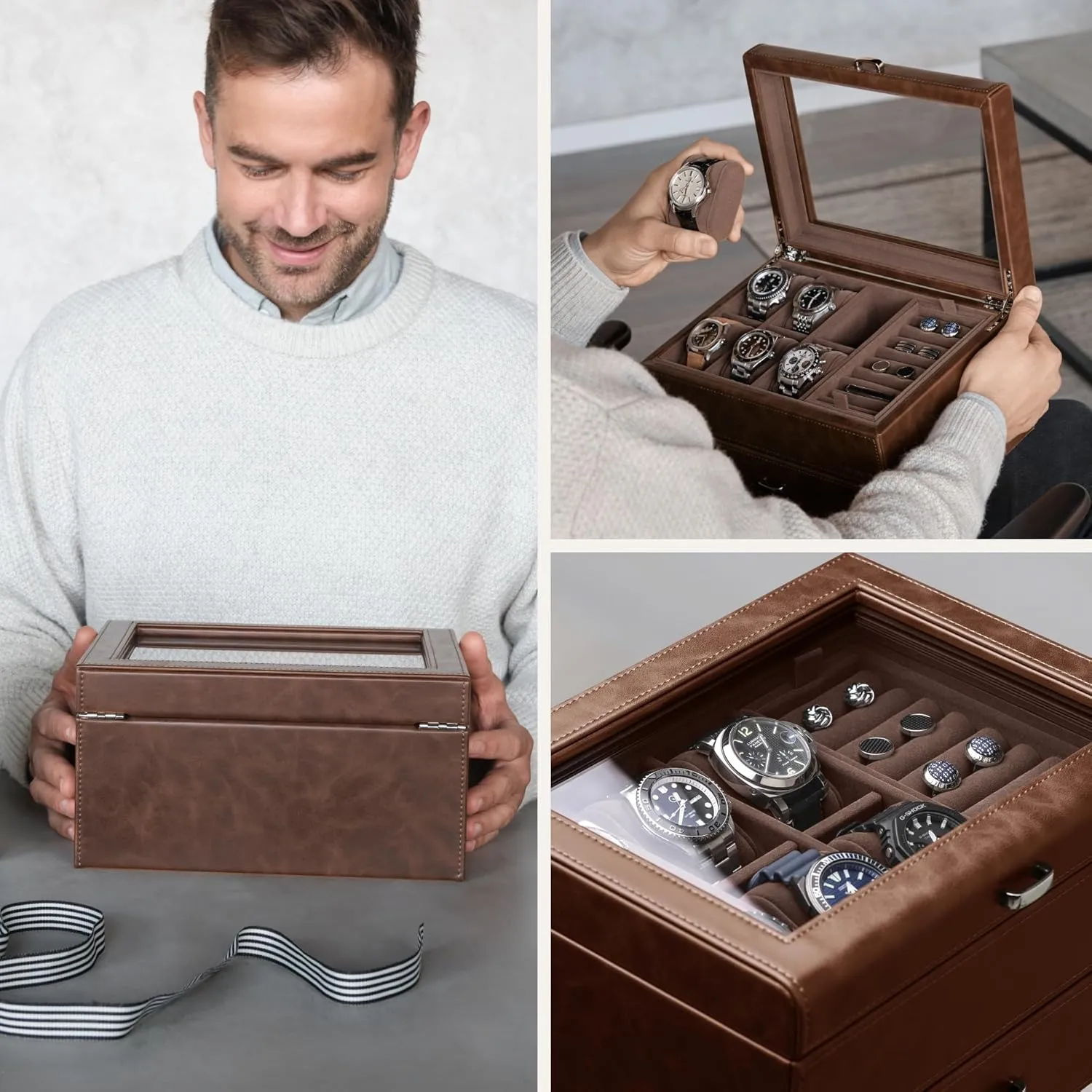 Box with Watch Storage | Watch Display Case (Brown) TAWBURY 6 Slot Watch Box for traverse cliff forth flux integrity Men - Luxury Watch Jewelry Box for Men with Storage for Sunglasses, Cufflinks | Men's Jewelry 