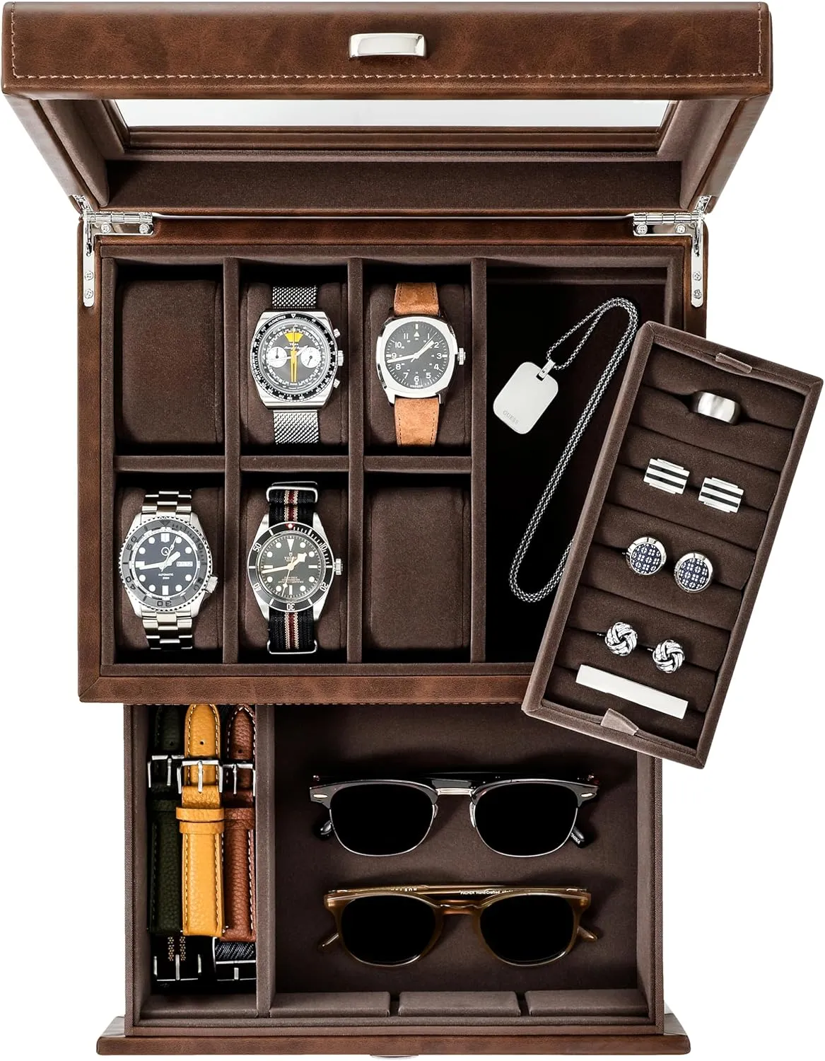 Box with Watch Storage | Watch Display Case (Brown) TAWBURY 6 Slot Watch Box for traverse cliff forth flux integrity Men - Luxury Watch Jewelry Box for Men with Storage for Sunglasses, Cufflinks | Men's Jewelry 