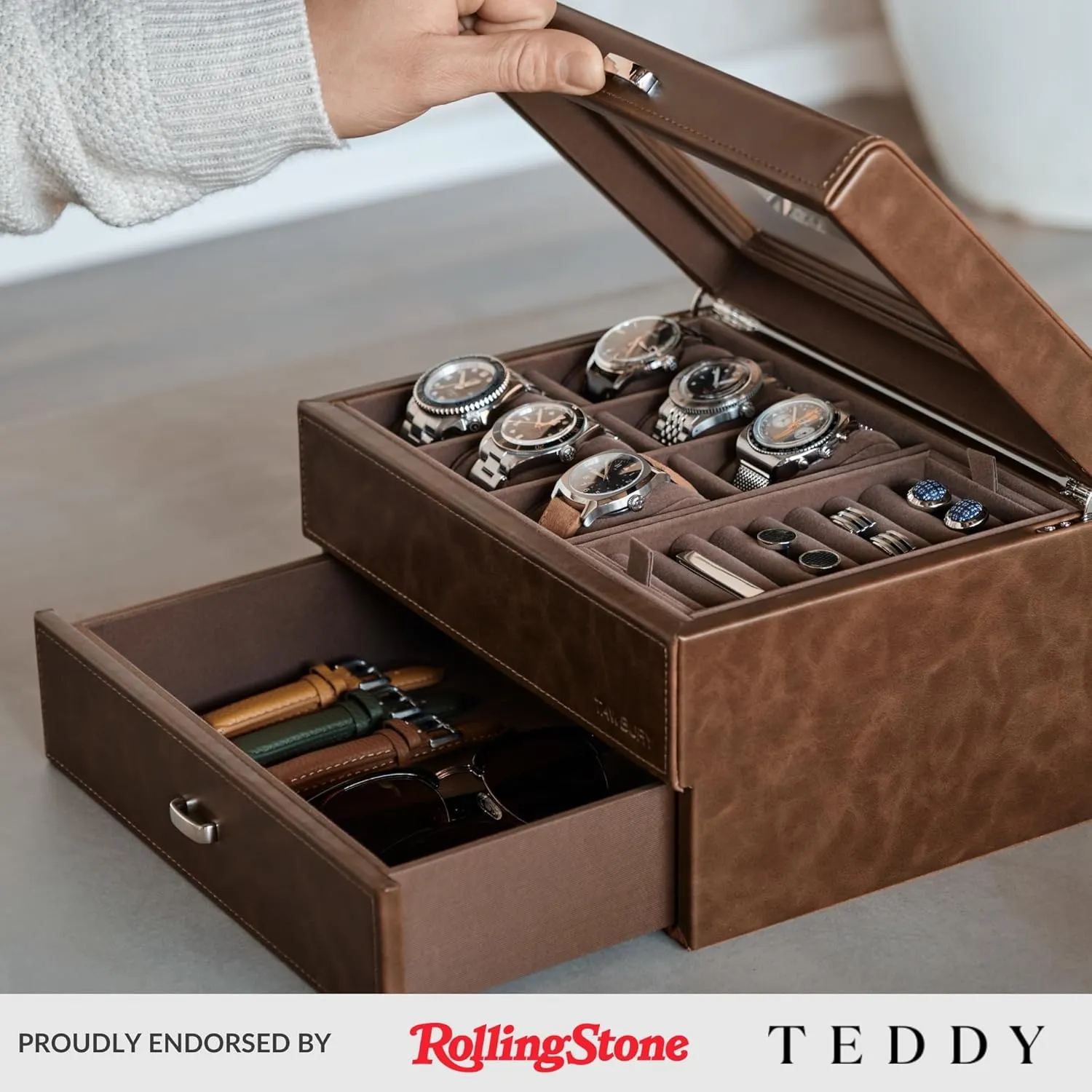 Box with Watch Storage | Watch Display Case (Brown) TAWBURY 6 Slot Watch Box for traverse cliff forth flux integrity Men - Luxury Watch Jewelry Box for Men with Storage for Sunglasses, Cufflinks | Men's Jewelry 