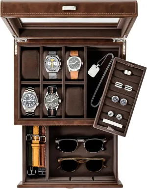 Box with Watch Storage | Watch Display Case (Brown) TAWBURY 6 Slot Watch Box for traverse cliff forth flux integrity Men - Luxury Watch Jewelry Box for Men with Storage for Sunglasses, Cufflinks | Men's Jewelry 