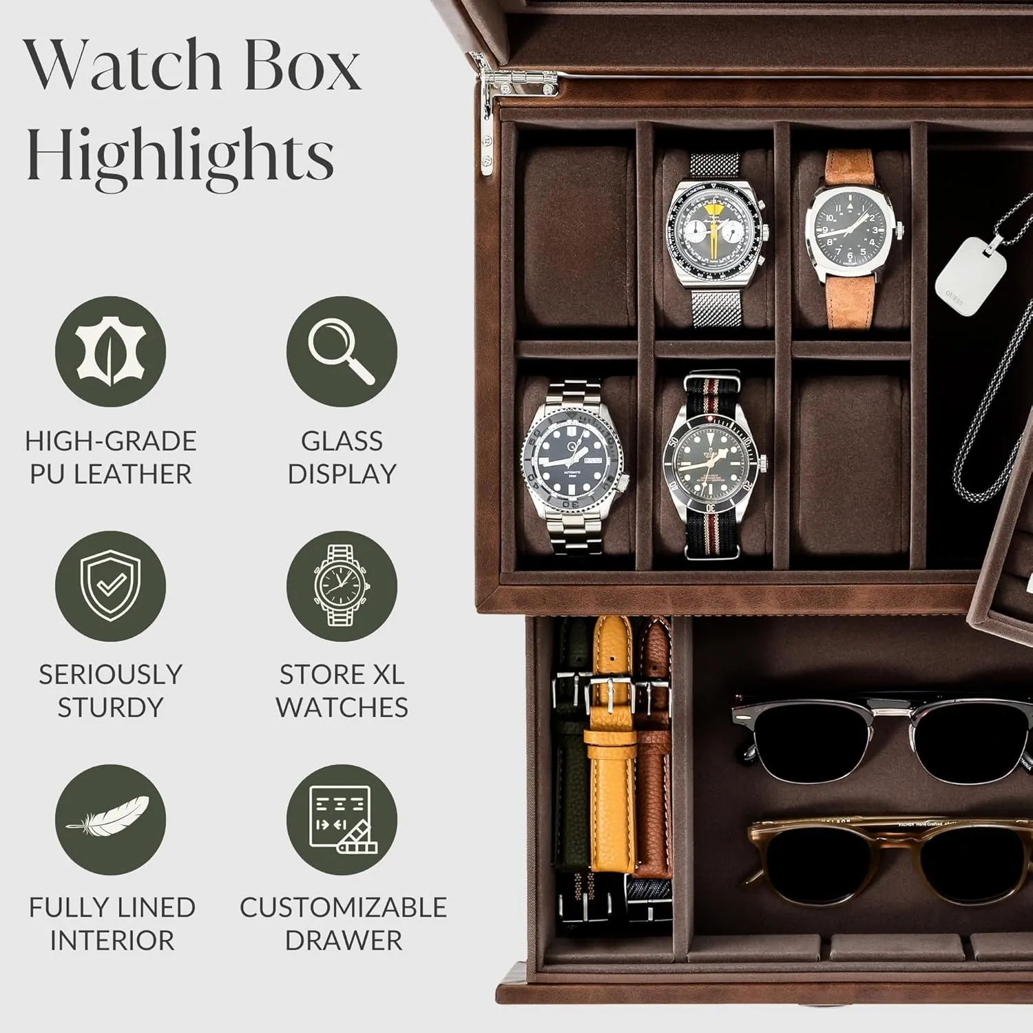 Box with Watch Storage | Watch Display Case (Brown) TAWBURY 6 Slot Watch Box for traverse cliff forth flux integrity Men - Luxury Watch Jewelry Box for Men with Storage for Sunglasses, Cufflinks | Men's Jewelry 